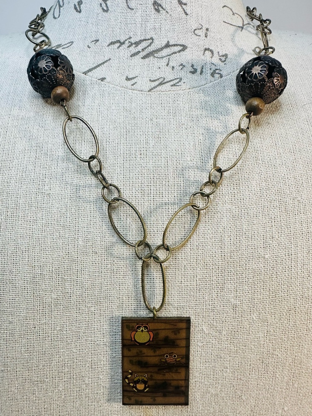 Owl Pendant Necklace Brown Antique Brass Tone Woodland Boho Statement Jewelry